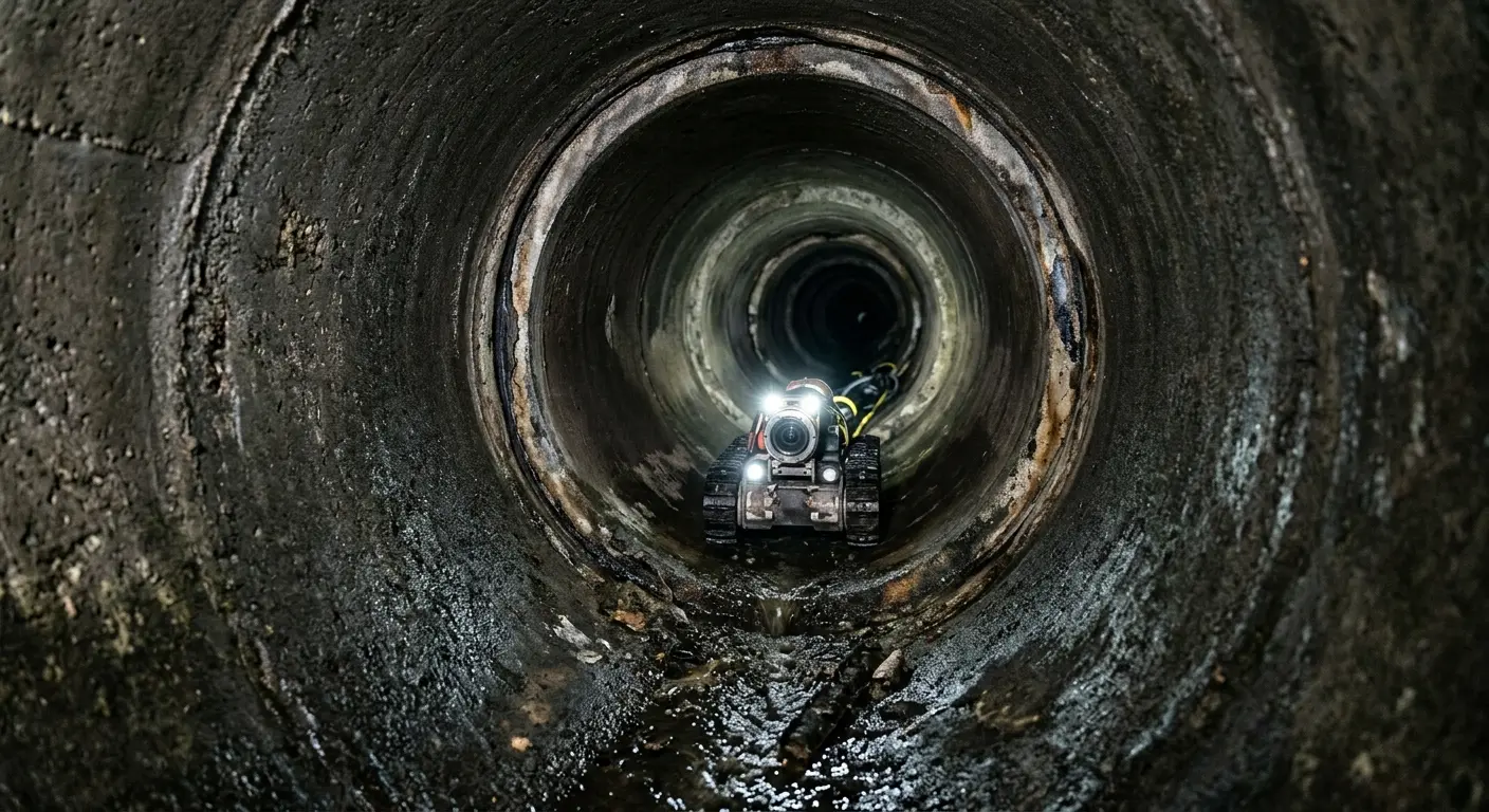 Robotic sewer camera inspecting pipe interior for Sewer Line Repair in Stow