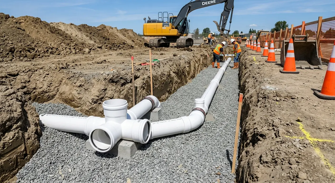 New PVC sewer pipe installation in open trench for Sewer Backup in Stow