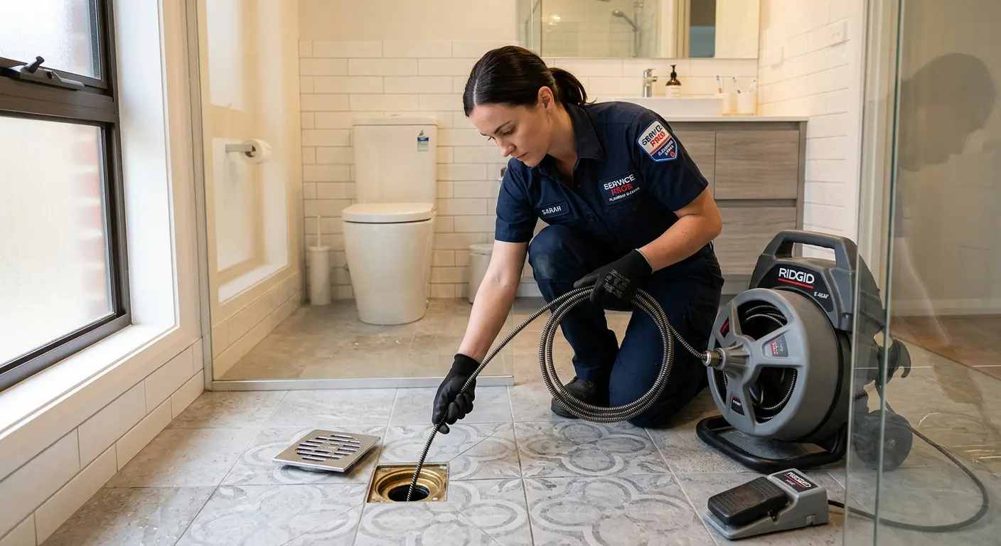 Technician clearing a bathroom floor drain for Drain Cleaning in Stow